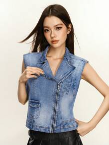 INAWLY Women's Retro Denim Zip Front Vest Jacket - Dark Wash - View 4