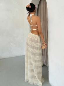 Glamine Women's Off White Summer Boho Beach Vacation Holiday Chiffon Frill Edge Halter Backless Camisole & Floor-Length Skirt Two Pieces Sets - Apricot - View 3