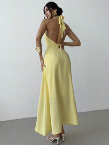 Firerie Vestido Longo Maxi Feminino Elegante de Férias, Festa, Festa, Encontro Romântico, Moda, Decote Halter, Costas Descobertas, Solto, Amarelo - Luz amarela - Visão 4