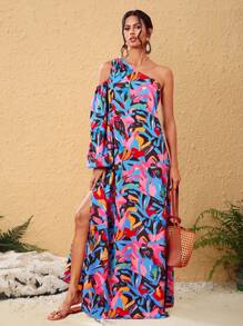 JIAN LASALA Vrouwen Multicolor Maxi-jurken Boho Asymmetrische Hals Lange Mouw Tropisch, All-over Print Asymmetrisch, Volant, Split Dij Zomeroutfits voor Vrouwen Zomerjurk Vrouwen Vakantie-outfits Uitgaan, Strandoutfits voor Vrouwen