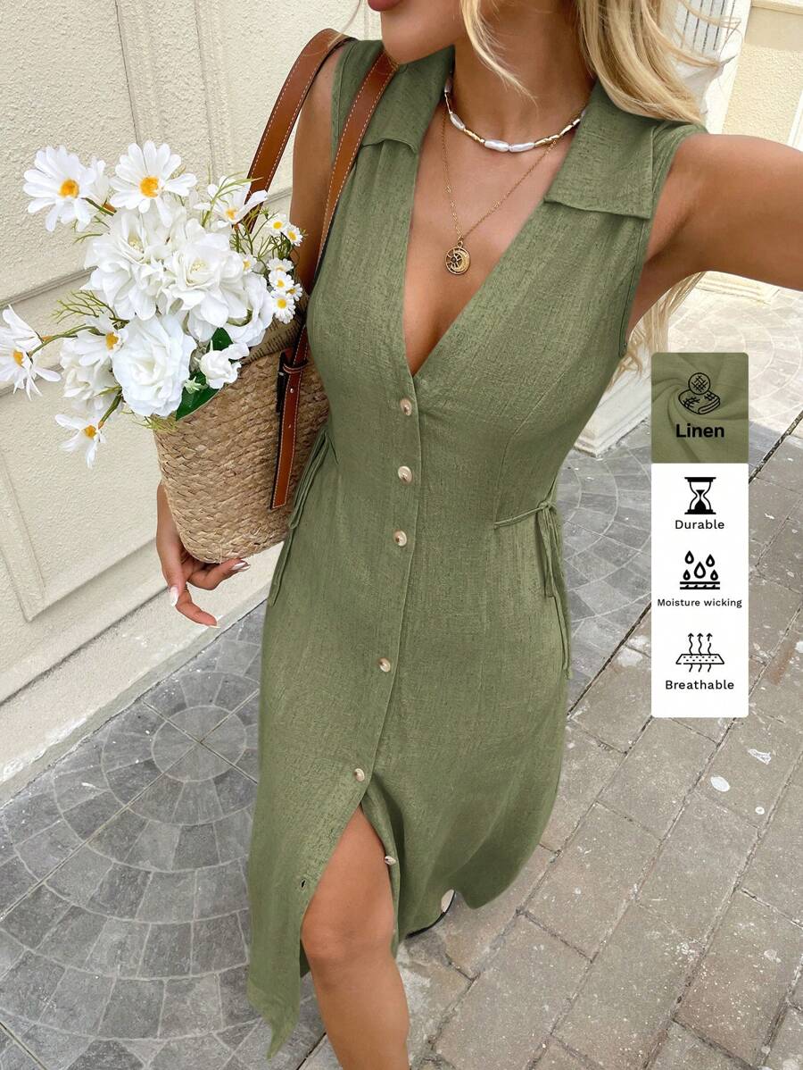 SHEIN LUNE 女士亚麻面料衬衫领纽扣装饰连衣裙，杏色，适合春夏休闲外出和工作办公室 - 軍綠色 - 查看 1