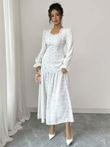 Modelyn 女式甜心领灯笼袖碎花优雅长袖连衣裙 - 杏色 - 查看 5