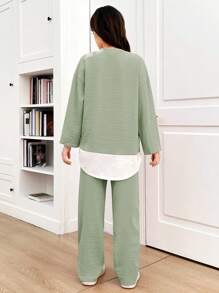 SHEIN 少女绿色、休闲旅行、春夏、假期、返校节、休闲针织拼布、织标、圆领长袖上衣套装、返校 - 綠色 - 查看 2