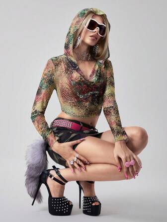 Fairycore Women's Vintage Y2K Grunge Angel Wing & Rose Leopard Print Mesh Patchwork Hoodie, Sexy See-Through