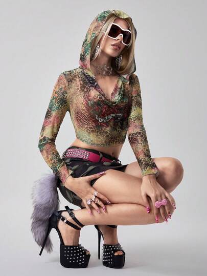 Fairycore Sudadera de mujer con capucha estilo vintage Y2K grunge con alas de ángel y estampado de leopardo de rosa en malla transparente