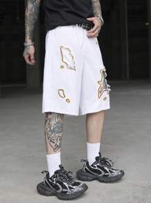 Manfinity EMRG Pantalones cortos vaqueros informales con diseño gráfico y rotos de ajuste holgado para hombres, ideal para el verano - Blanco - Ver 3