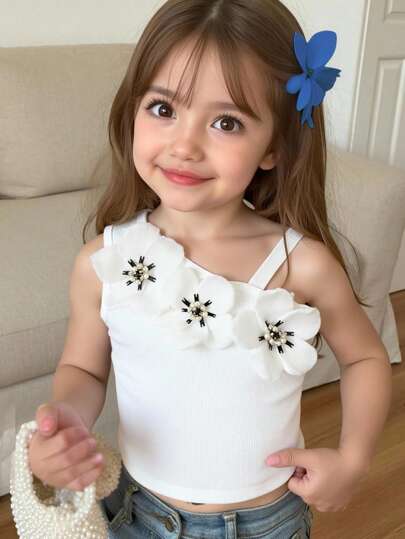 Mommy & Me Matching Family Tank Tops, Girls Slim Fit Comfortable Sleeveless With 3D Floral Decor, Suitable For Daily Wear, Sweet