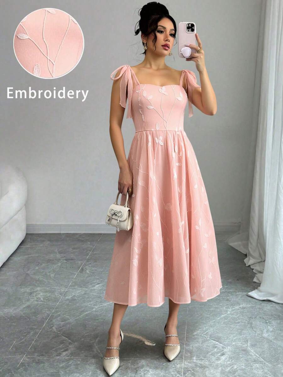 SHEIN Clasi 女士刺绣优雅度假连衣裙，夏季 - 粉色 - 查看 1