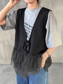 FRIFUL 女士无袖网纱拼接系带露脐吊带背心，夏季女士外套 - 黑色 - 查看 3