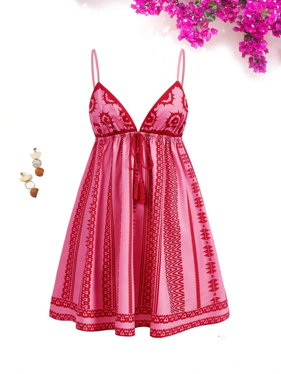 Vivid Eden 女式可调节肩带编织印花迷你连衣裙 - 彩色 - 查看 1