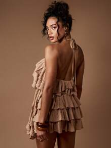 MISSGUIDED 荷叶边分层节日夏季两件套纹理短款上衣高腰迷你裙海滩派对度假舞蹈俱乐部装波西米亚风服装 - 卡其色 - 查看 2