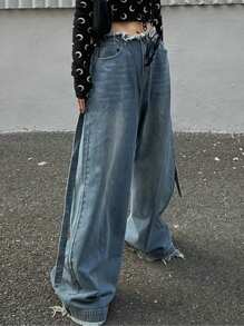 DAZY Women's Loose Fit Wide Leg Long Washed Frayed Hem Jeans - Medium Wash - View 5