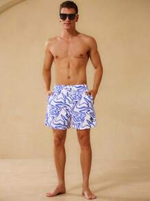 Surfspeed Men's Marble Print Drawstring Waist Loose Beach Shorts, Hawaiian - Blue and White - View 5
