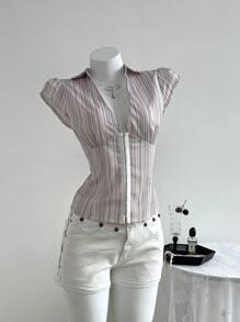 Elamini V-Neck Striped Casual Elegant Ladies Cinched Waist Ruffle Sleeve Summer Shirt - Multicolor - View 1