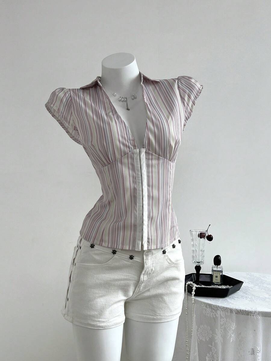 Elamini V-Neck Striped Casual Elegant Ladies Cinched Waist Ruffle Sleeve Summer Shirt - Multicolor - View 1