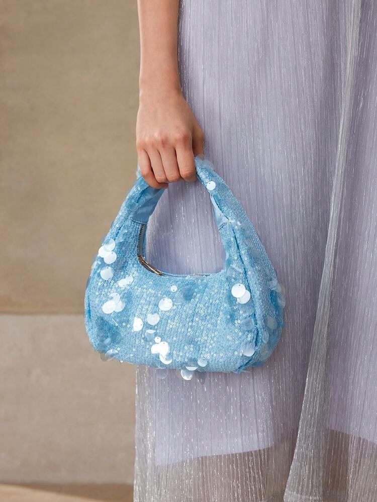 SEQUIN PATCHWORK ZIPPER TOP HANDLE BAG