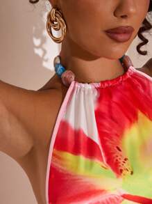 Opulessa Summer Beach Vacation Holiday Women's Floral Print Beaded Halter Neck Tie Back Tank Top - Pink - View 4