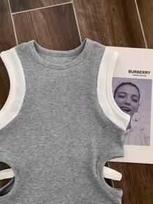 Airaco 女式夏季休闲拼色镂空无袖上衣 - 灰色 - 查看 4