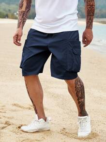 Manfinity Homme Plus Size Men's Solid Color Utility Pocket Casual Loose Cargo Shorts - Blue - View 1