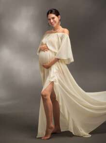 Cheriluna Maternity Robe de grossesse pour séance photo à épaules dénudées, couleur unie, avec fente haute et ourlet volant