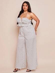 SHEIN BAE Macacão Elegante de Bolinhas Pretas com Babados em Camadas Tamanhos Grandes para Mulheres, Uso Casual Diário, Primavera/Verão - Branco - Visão 6