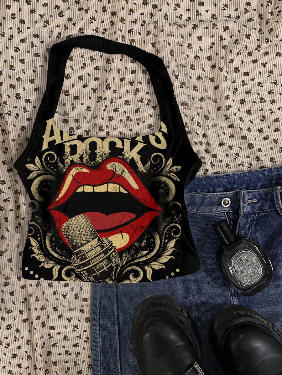 Attitoon Women's Casual Lip Print Halter Neck Backless Tight Tank Top, Suitable For Summer, Music Festivals, Rocker Style Back To School - Multicolor - View 1