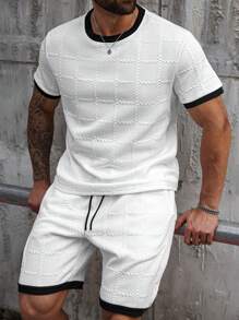 Manfinity Homme Plus Size Men Summer Casual Round Neck Short Sleeve T-Shirt And Drawstring Waist Shorts 2-Piece Set, Suitable For Daily Casual Outings And Gatherings With Friends, 2 Piece Summer Set Men, Men's Textured Two-Piece Set