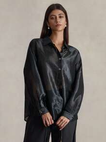 Briarwyn Shiny Loose Solid Front Button Long Sleeve Shirt, Style Summer And Beach 4th Of July Airport