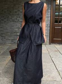 DAZY 女式休闲圆领无袖束腰背心和宽松长裙两件套，中性牛仔夏季服装 - 深色水洗藍 - 查看 7