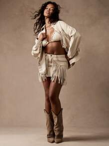 MISSGUIDED Western Fringe Festival Denim Mini Skirt High Waisted Boho Ranch Rodeo Concert Summer Party Beachwear Distressed Raw Edge - Apricot - View 5