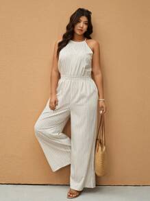 Elaquor Macacão de Ombro Caído com Estampa Listrada e Cintura Ajustável, Tamanho Plus Size para Mulheres