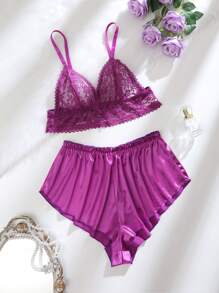 SHEIN 2pcs/Set Women's French Romantic Lace Lingerie Set - Purple - View 7