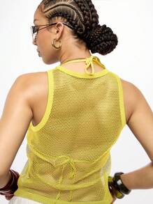SUMWON WOMEN 开放式针织网眼高领背心无袖节日夏季海滩休闲短款上衣分层背心 - 黃色 - 查看 6