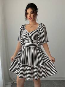 Elenzga Váy midi eo thon giản dị thanh lịch tay ngắn sọc xanh trắng xuân hè mới cho nữ - Đen và trắng - Xem 5