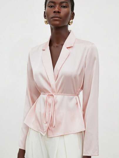 Aveloria Modichic Commuting Versatile Mature Elegant Elegant Minimalist Fashion Lapel Flowy Belt Waist Design Long Sleeve Women Blouse Fall Cloth For Women