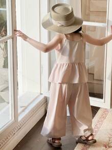 DAZY 2pcs/Set Young Girl Casual Bow Decor Loose Camisole Shirt And Straight Leg Pants Set, Girls Summer Outfits - Pink - View 2