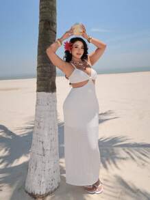 Sunnyshic Váy ngủ mùa hè hở khoét màu trơn cỡ lớn cho kỳ nghỉ thường ngày - trắng - Xem 6