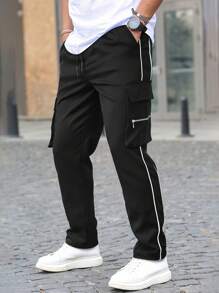 Manfinity Homme Quần Cargo cạp rút dây viền tương phản cho nam Quần nam dạo phố Quần nam dạo phố - màu đen - Xem 5