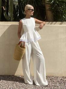 DAZY 2件套女士夏季优雅无袖荷叶边上衣和阔腿裤度假套装 - 米色 - 查看 1