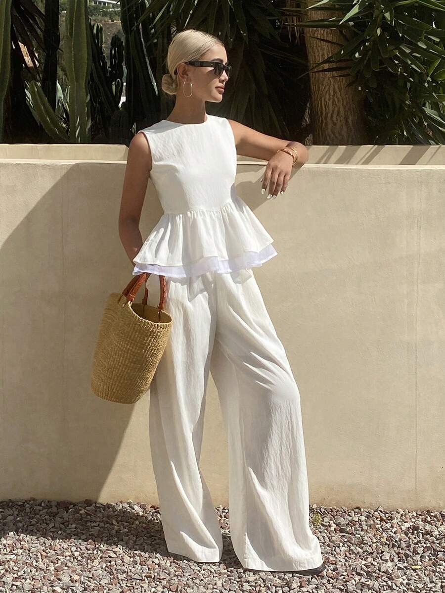 DAZY 2件套女士夏季优雅无袖荷叶边上衣和阔腿裤度假套装 - 米色 - 查看 1