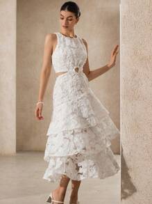 Aveloria Rosie 法式复古浪漫纯白优雅3D花卉刺绣腰部镂空圆褶设计圆领多层荷叶边下摆灯笼裙无袖长裙女 - 白色 - 查看 6