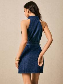 Poéselle 女式夏季休闲挂脖牛仔连衣裙 - 深色水洗藍 - 查看 7