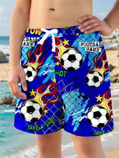 Tween Boys Casual Loose Fit Printed Beach Shorts, Suitable For Summer, Beach, Outdoor, Swimming