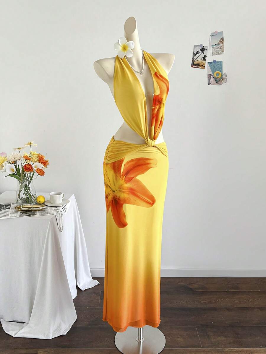 Soleia Bohemian Tropical Elegant Bowknot Strap Hollow Out V-Neck Orange Knit Print Long Dress, Casual For Beach, Wedding Guest, Graduation, St. Patrick's Day, Spring Break, Easter, Music Festival Sunset Dresses Long Yellow Dress Yellow Satin Dress Yellow Formal Dress Yellow Church Dress - Multicolor - View 1