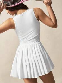 VARSIVA Women's Solid Color Contrast Lace Pleated Hem Sleeveless Sports Mini Dress - White - View 2