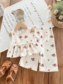 SHEIN LMoss Kids 2 件套女婴夏季休闲可爱波尔卡圆点无袖上衣和松紧腰裤套装 - 彩色 - 查看 2