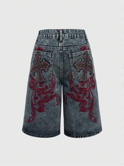 Grunge Punk Shorts in jeans da donna con tasche e ricamo a croce con effetto rovinato