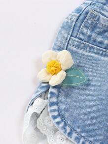 Quần short denim xanh giặt được cho bé gái dễ thương thường ngày đi nghỉ đa năng phụ kiện 3D ren cạp chun trang trí khóa cài - Rửa nhẹ - Xem 5