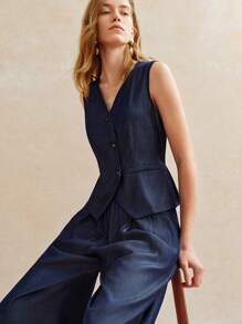 Écloséra French Retro Elegant V-Neck Tie-Up Gathered Waist Vest Top + Versatile Straight Wide-Leg Pants Set