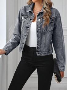 EMERY ROSE 女士休闲水洗短款牛仔夹克 - 灰色 - 查看 6